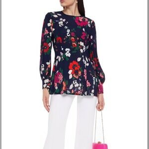 Lela Rose Gathered Floral Print Crepe de Chine Blouse Womens 12 MSRP $690